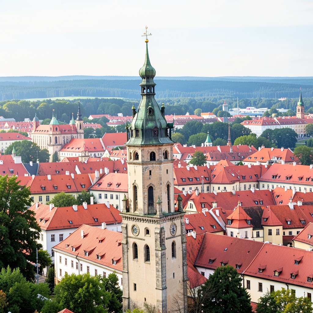View of Vilnius Old Town from Gediminas Tower showing red roofs and distant forests, no text, 4:3