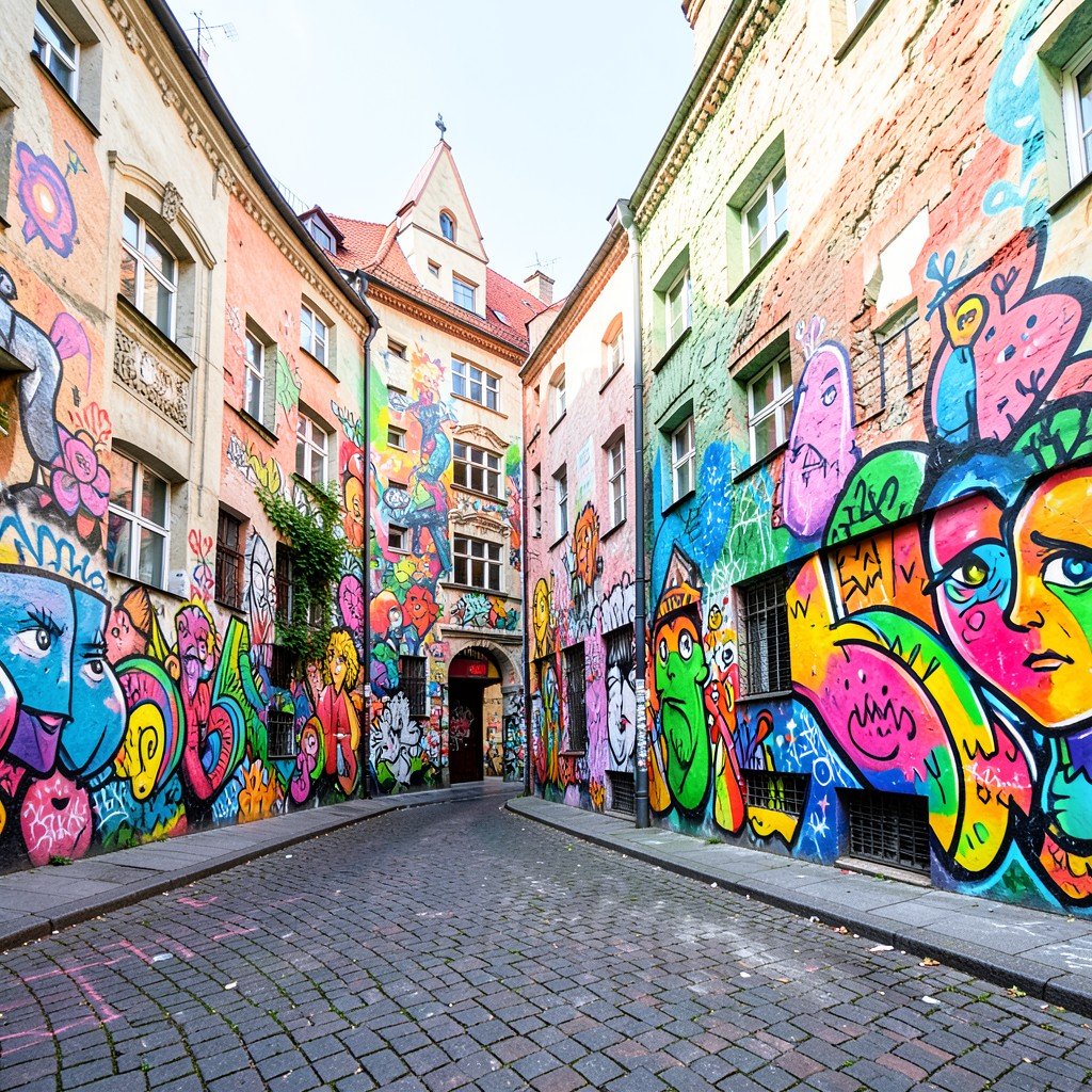 Colorful street art and murals in Uzupis art district Vilnius, natural daylight, no text, 4:3