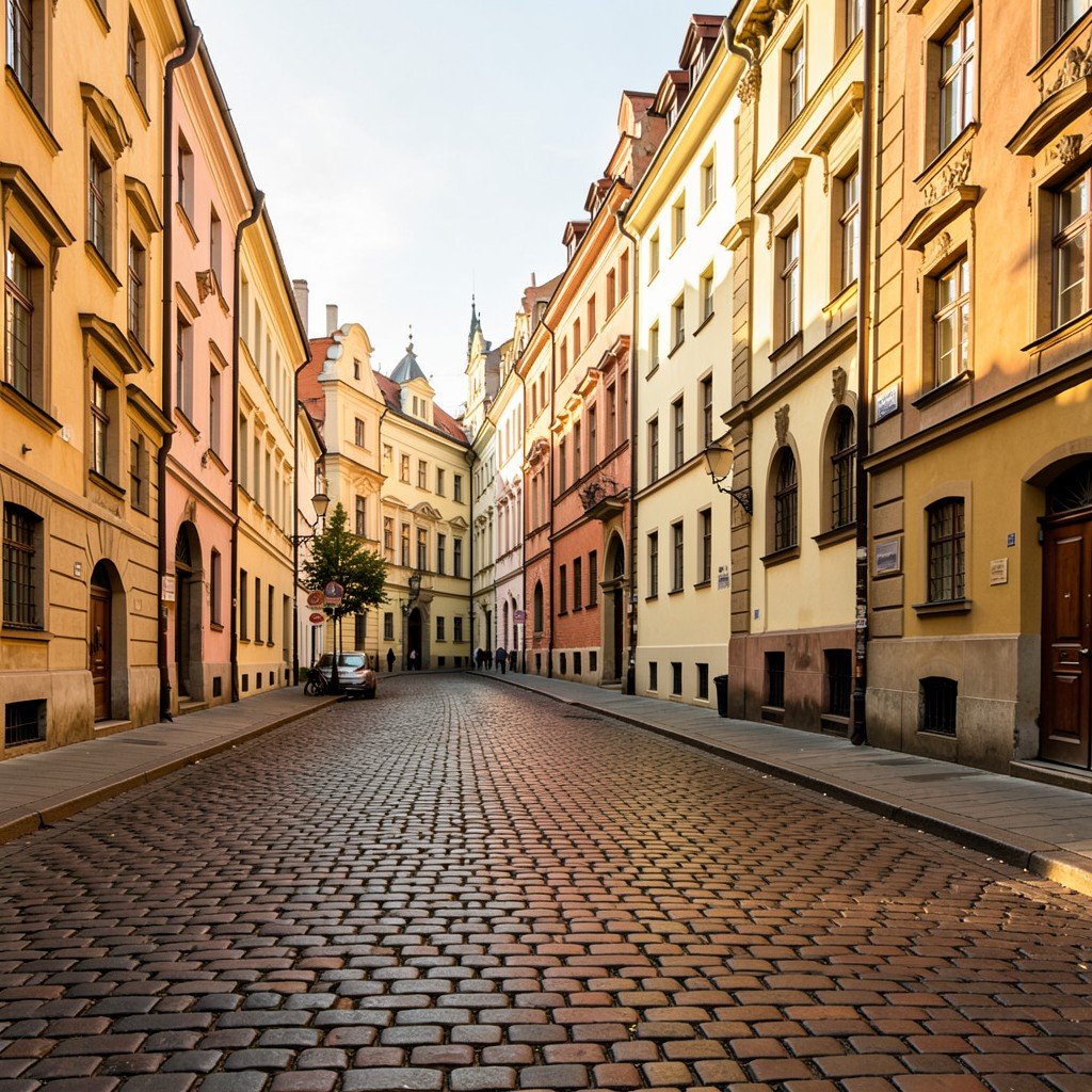 Cobblestone street in Vilnius Historic Centre with historic buildings, warm afternoon light, no text, 1:1