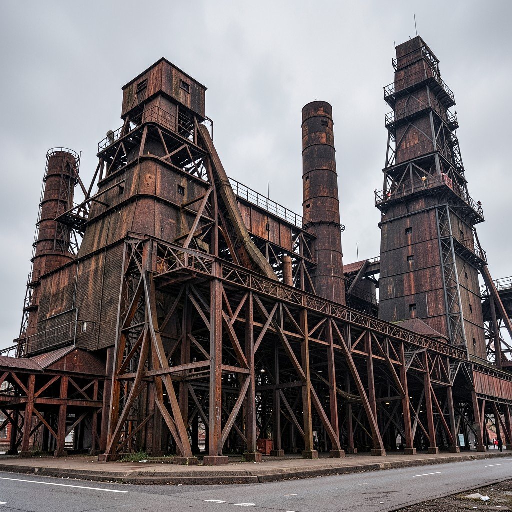 A massive historical ironworks factory exterior shot Völklingen Ironworks Germany rusty steel structures blast furnaces overcast sky industrial heritage no text high detail photography 1:1