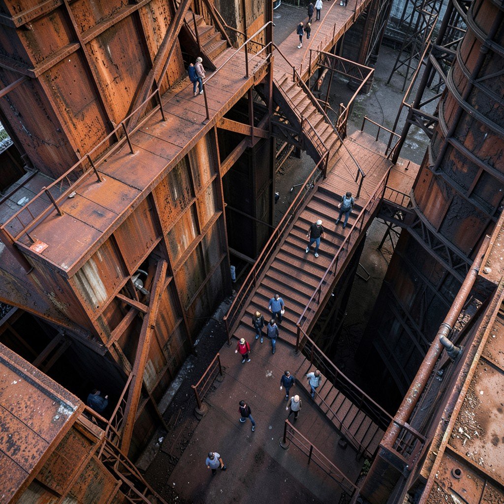 A high angle view looking up at the blast furnace ramps of Völklingen Ironworks Germany rusty industrial metal staircases visitors walking heritage site no text photography 4:3