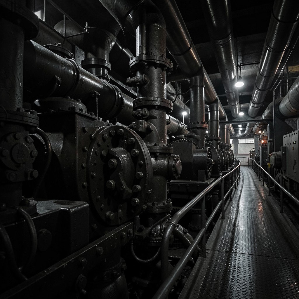 Massive historical heavy machinery inside Völklingen Ironworks Germany pipes valves and metal walkways dark moody industrial lighting no text photography 1:1