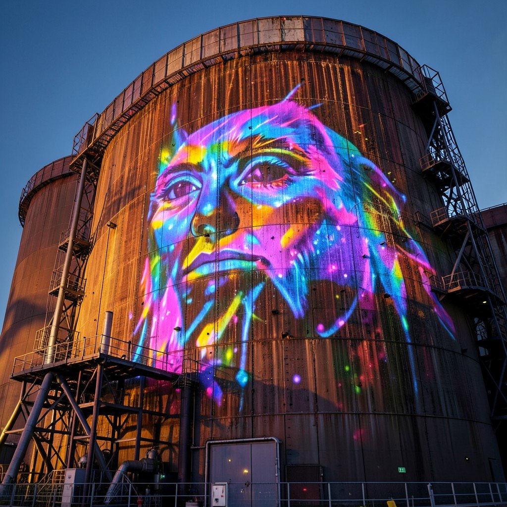 A modern art light projection on the massive blast furnace wall of Völklingen Ironworks Germany striking contrast between rusty metal and colorful light no text photography 1:1