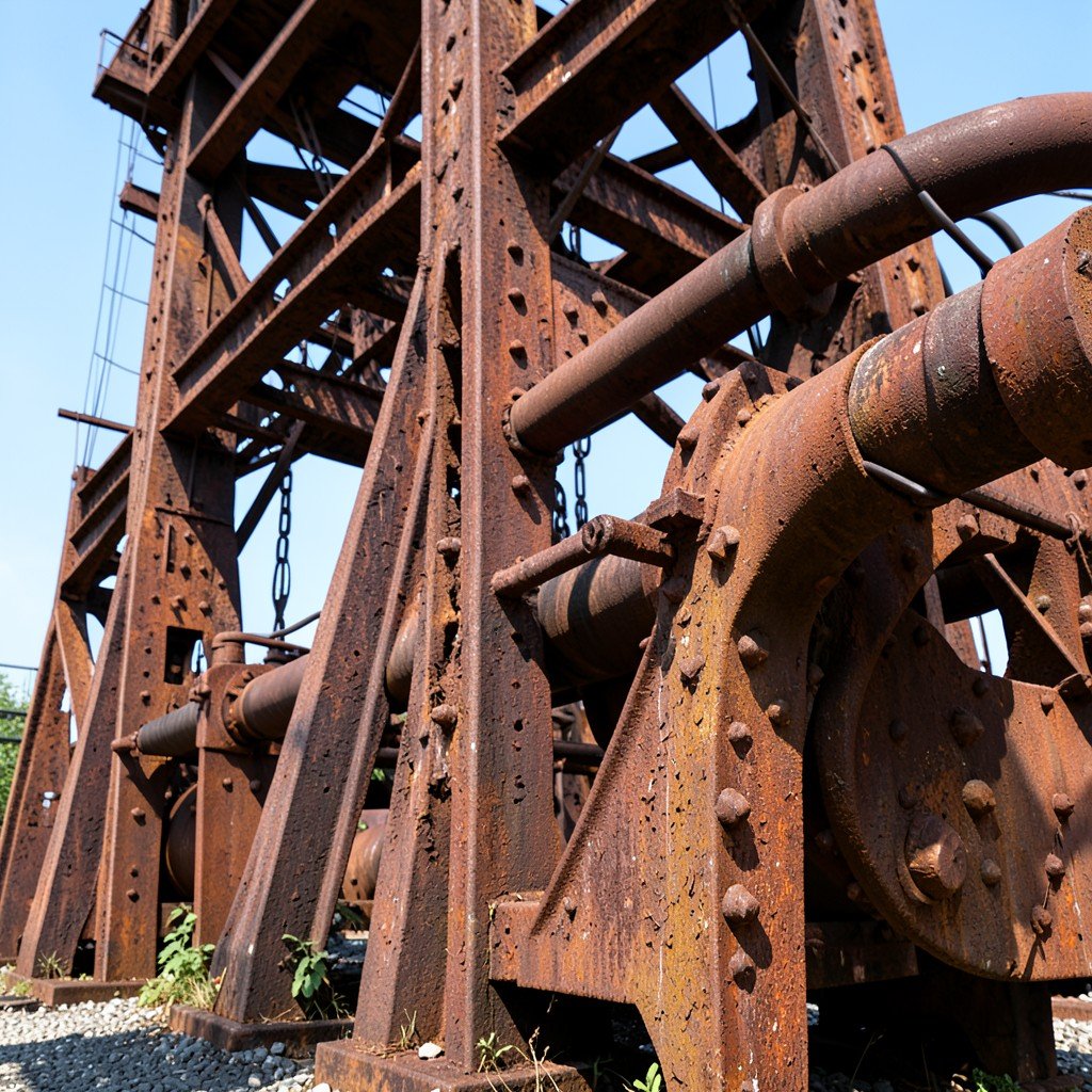 Close up of old rusty steel structures and iron pipes at Völklingen Ironworks Germany clear daylight showing the texture of preserved industrial heritage site no text photography 4:3
