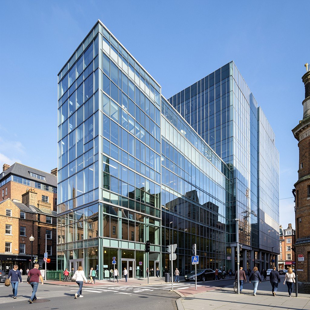 Exterior view of modern glass office buildings in Kings Cross London area, sunny day with clear blue sky, people walking by, architectural photography, NO KOREAN Text, 4:3
