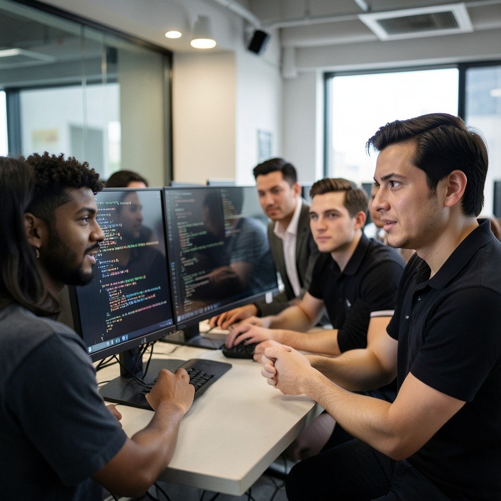 A group of diverse software developers looking at monitors displaying code in a modern tech office, focused expressions, soft indoor lighting, review photography style, NO KOREAN Text, 4:3