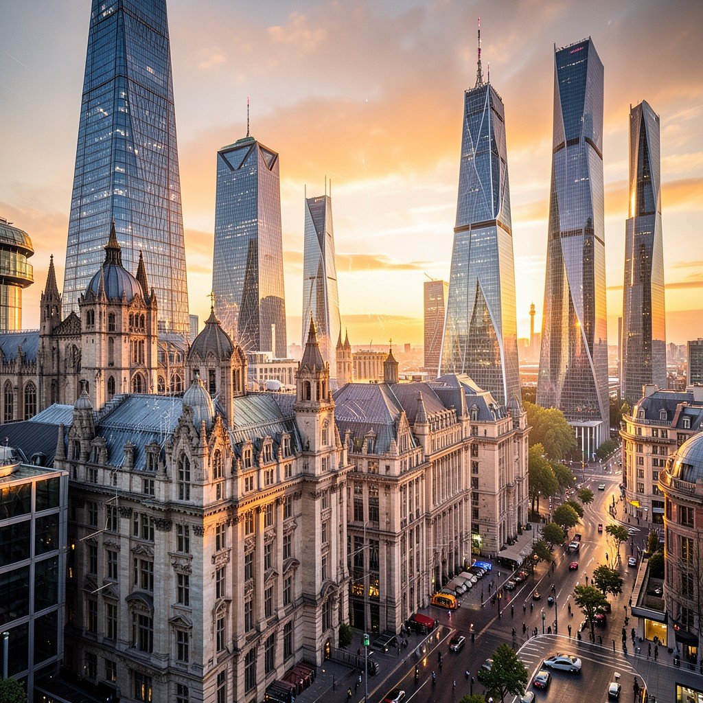 Futuristic cityscape of London blending historic architecture with modern skyscrapers, warm sunset lighting, vibrant and dynamic atmosphere, cinematic photography, NO KOREAN Text, 4:3
