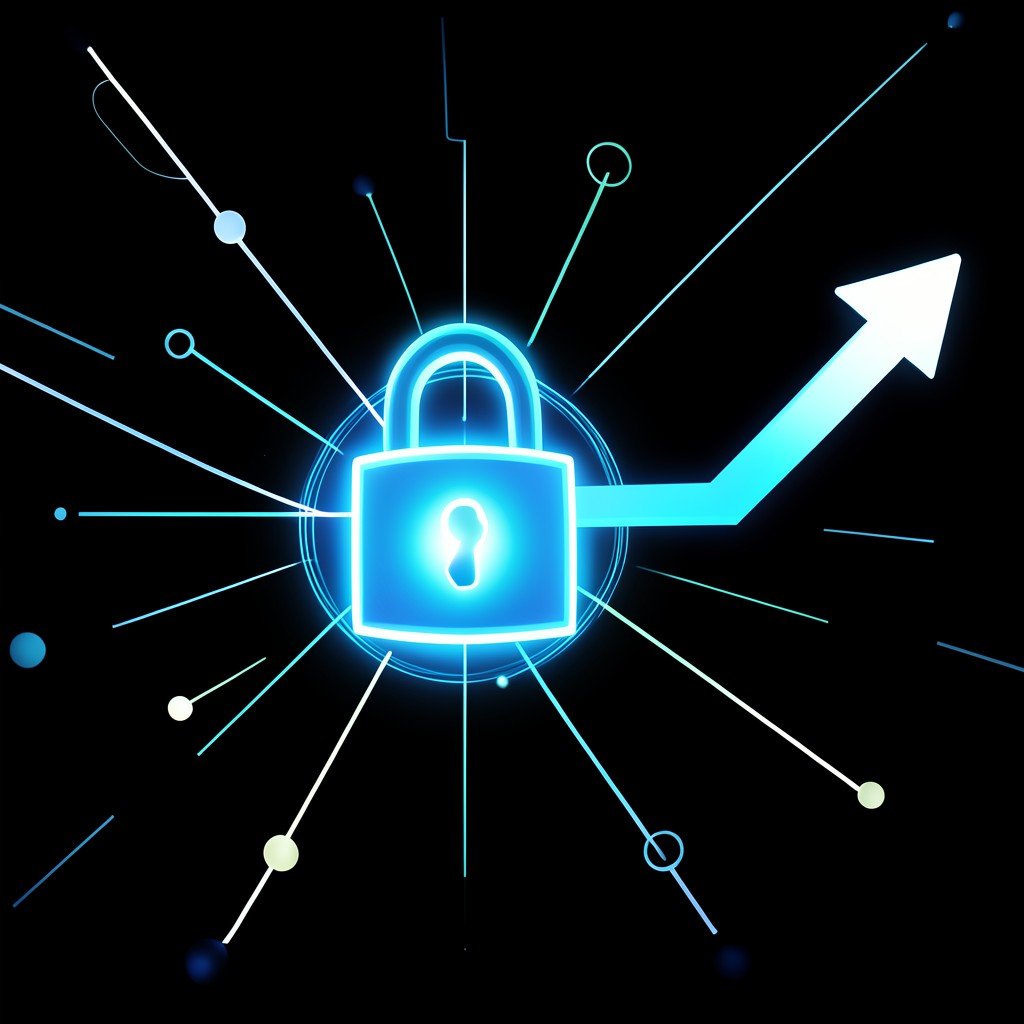 Modern cybersecurity concept with glowing digital lock and network connections, Okta stock market upward trend arrow, clean infographic style, high contrast, no text, 1:1