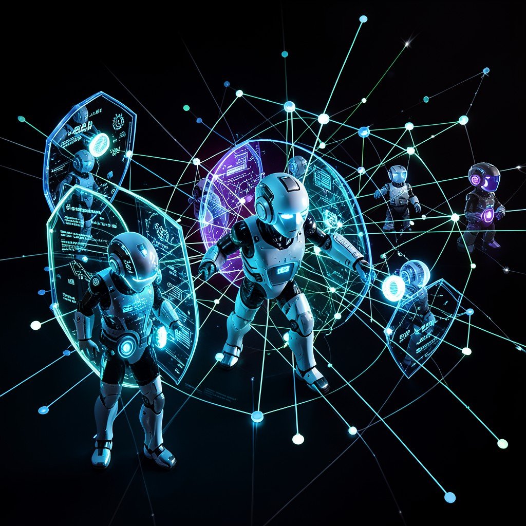 Glowing AI agent robots working with digital security shields, network nodes expanding, modern tech infographic, high contrast, no text, 1:1