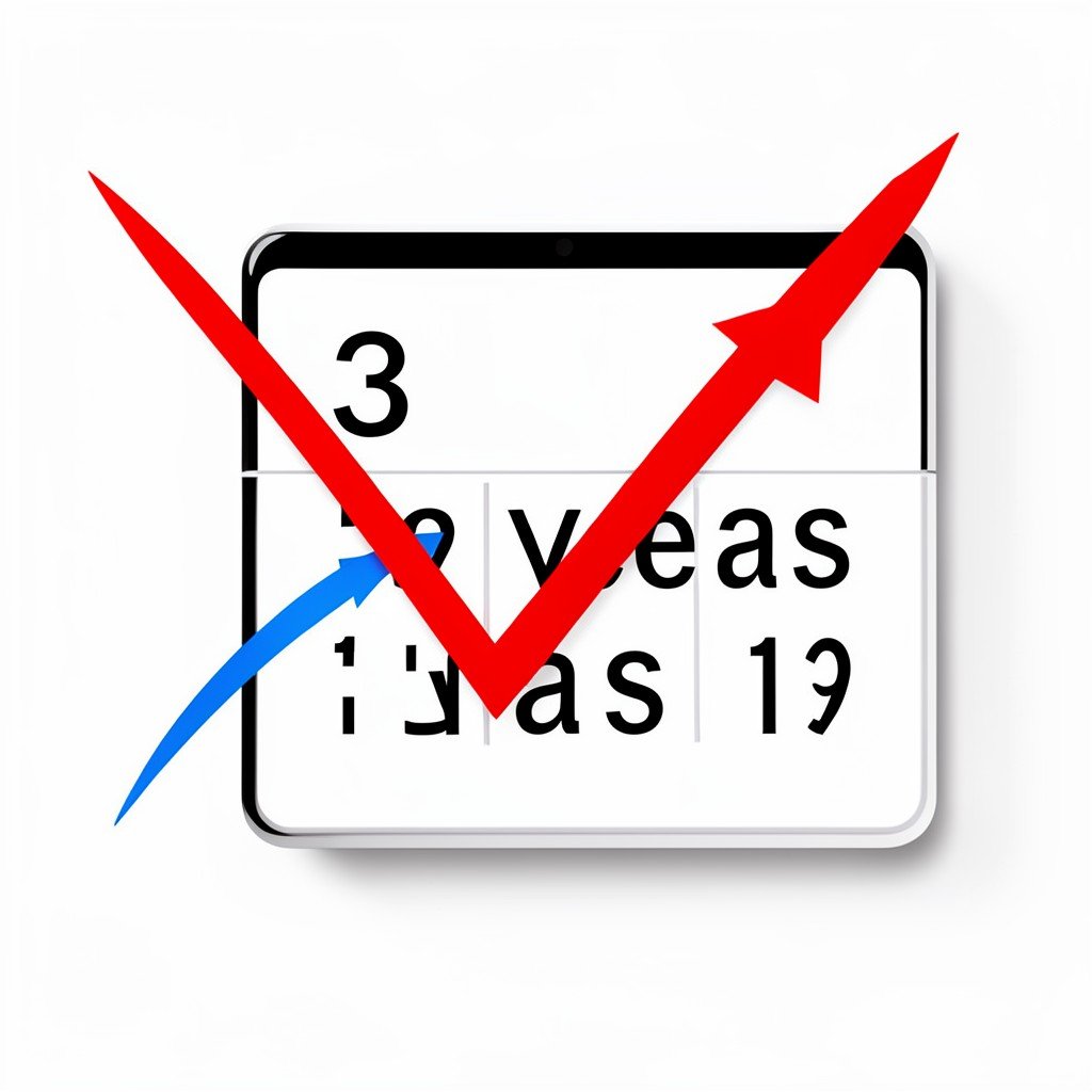 Stock market downward trend arrow recovering and turning upward, digital calendar showing 3 years passing, modern clean layout, high contrast, no text, 1:1