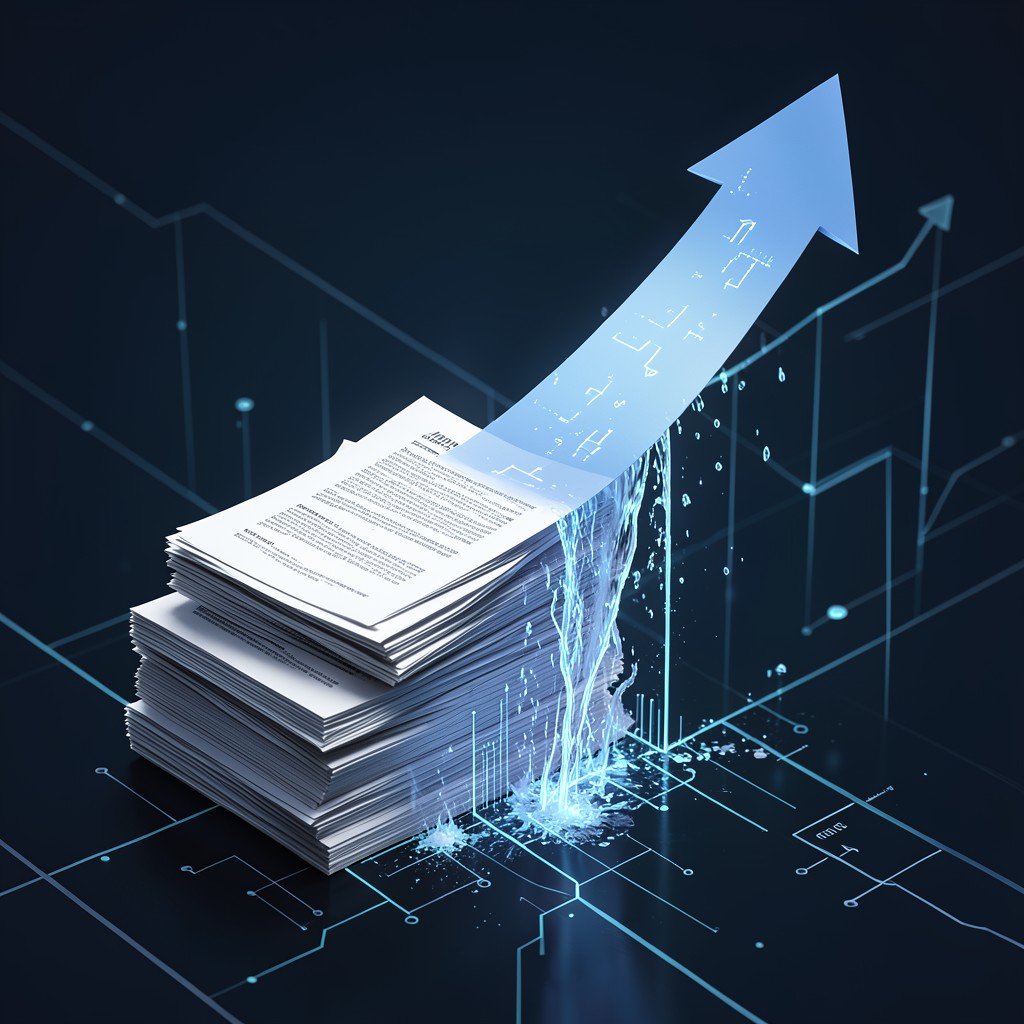 Stacked contract papers turning into upward growth arrows, digital waterfall chart concept showing upward recovery, modern tech style, no text, 1:1