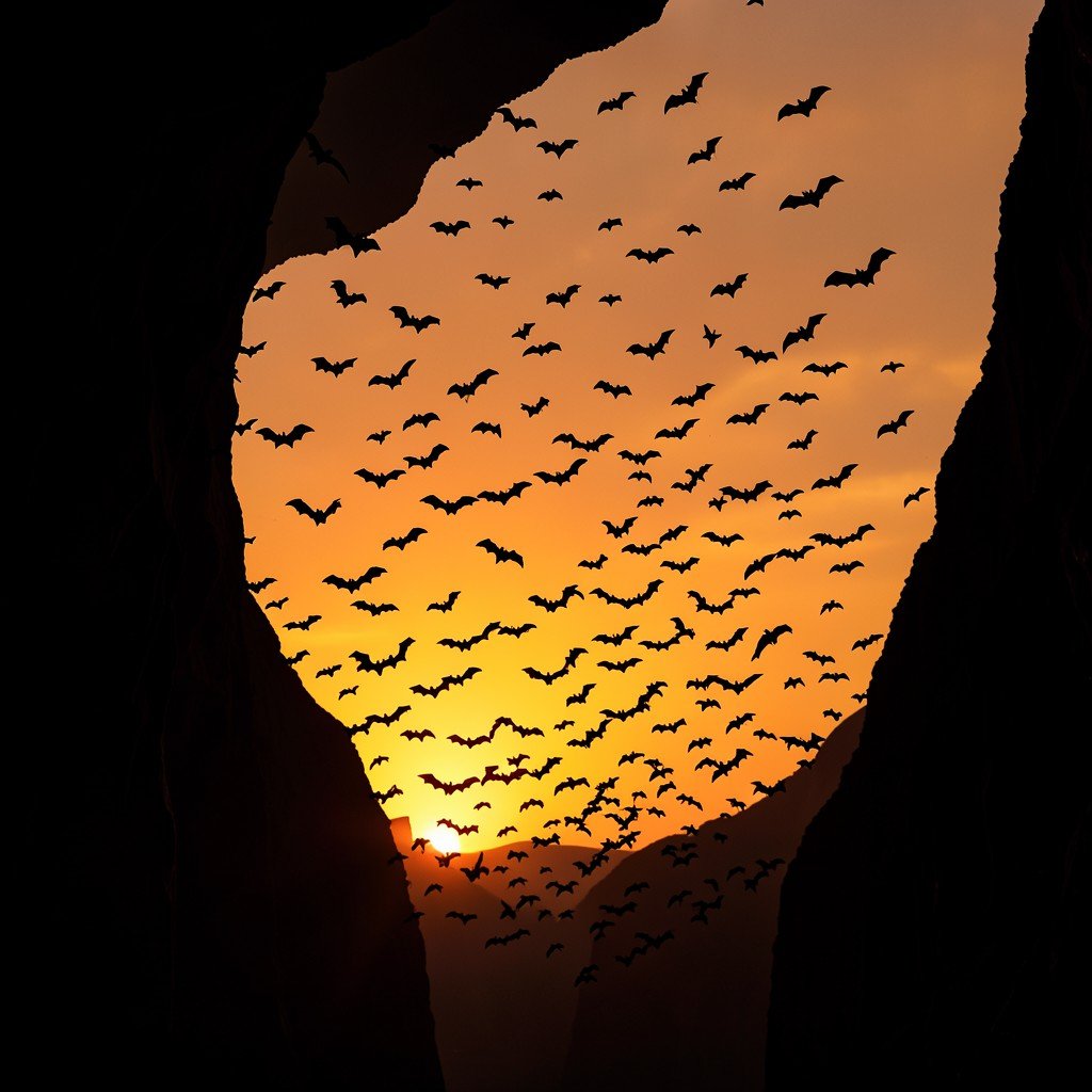 Silhouette of thousands of bats flying out of Carlsbad Caverns at sunset with orange sky NO KOREAN Text 4:3