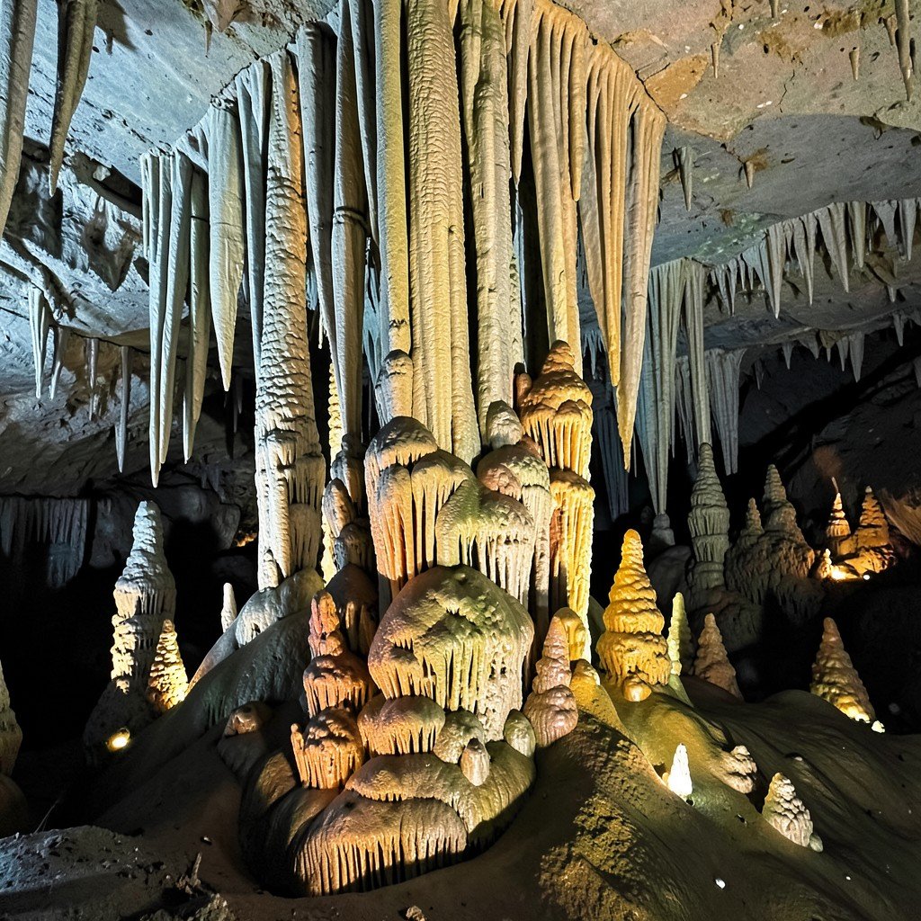 Giant stalactites and stalagmites illuminated in the Big Room at Carlsbad Caverns NO KOREAN Text 1:1