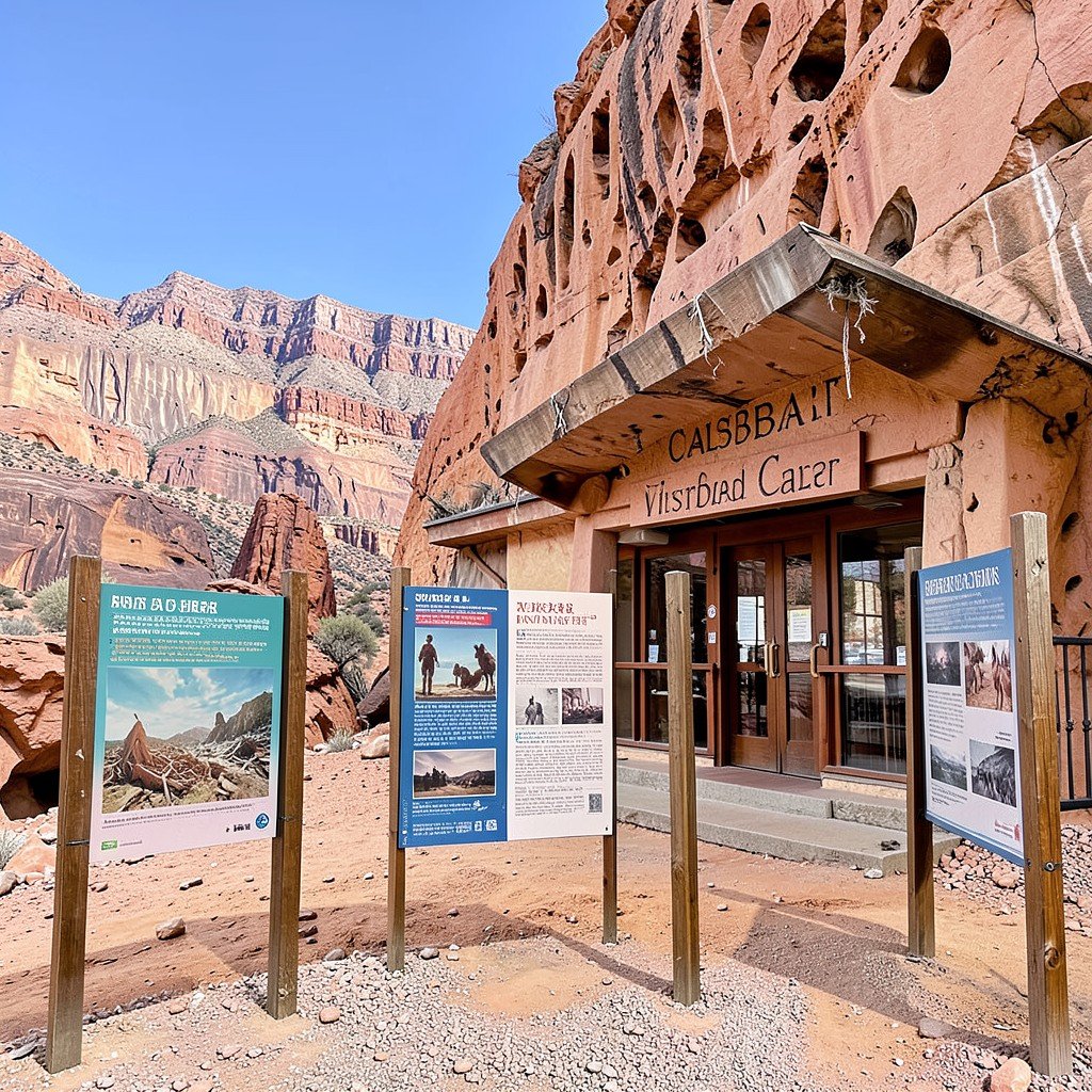 Carlsbad Caverns visitor center with informational signs and desert landscape in background NO KOREAN Text 4:3