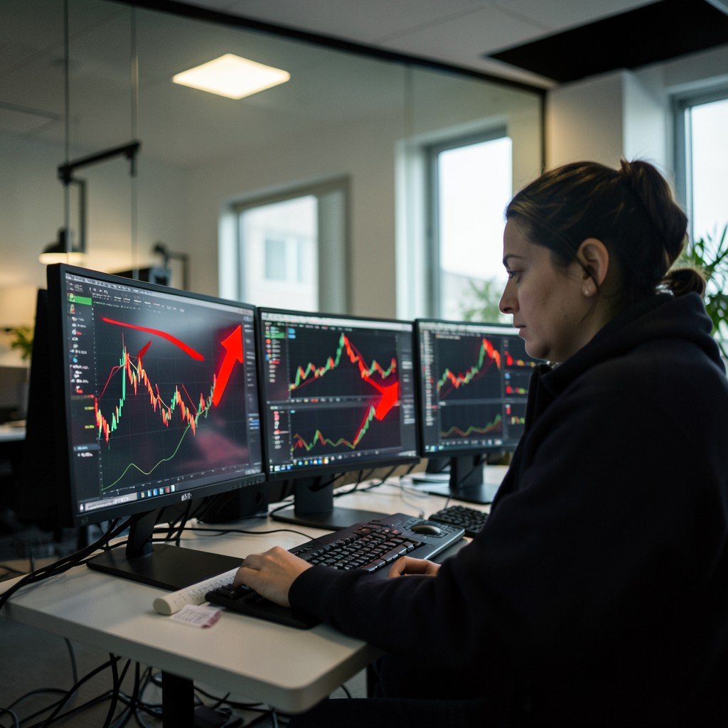 Financial analyst working on multiple monitors displaying stock charts and red upward arrows, modern office environment, focused professional, cinematic lighting, aspect ratio 4:3