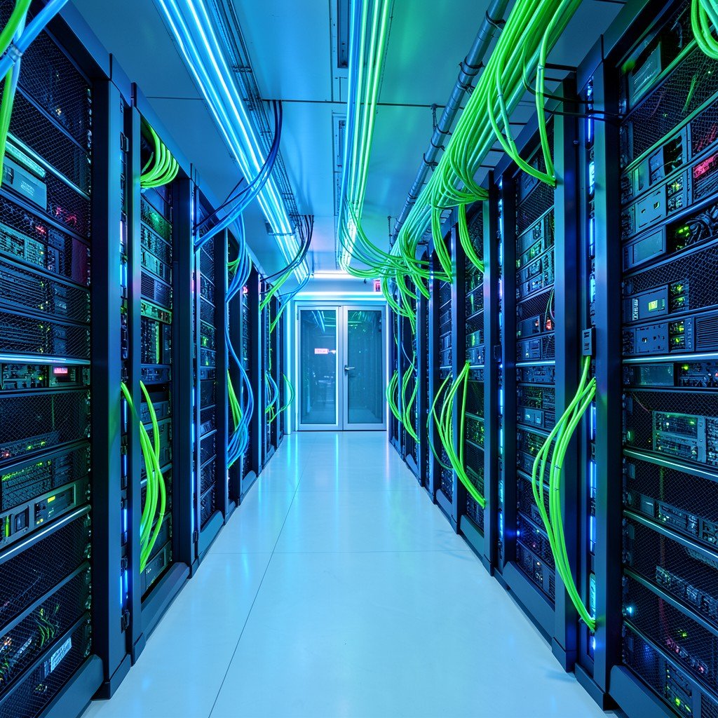 Massive data center server room with glowing blue and green optical fiber cables, highly detailed tech equipment, futuristic clean environment, no text, aspect ratio 1:1