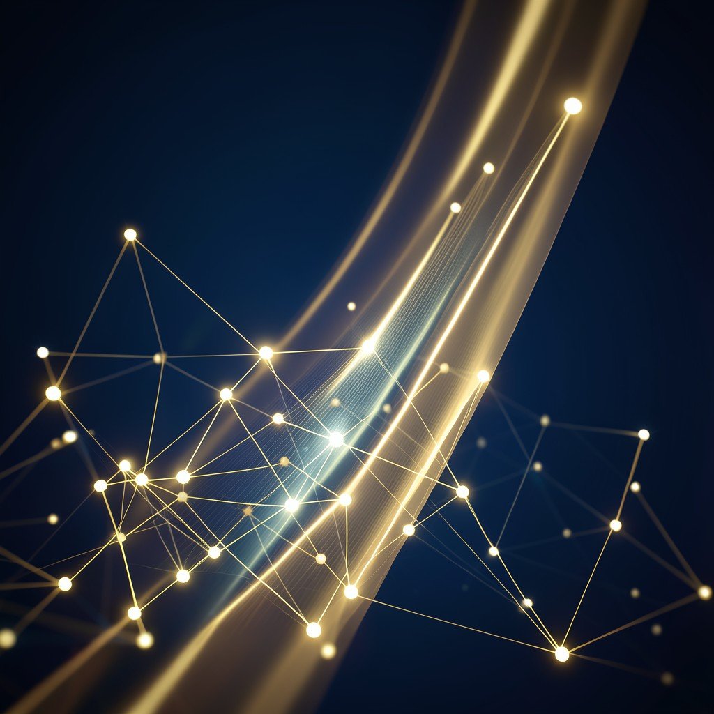 Abstract representation of market growth with interconnected glowing nodes and upward flowing light beams, modern technology concept, dark blue and gold tones, clean corporate style, no text, aspect ratio 4:3