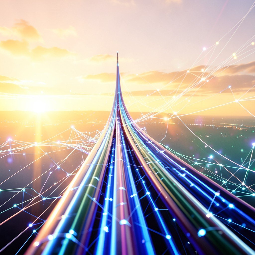 Long optical fiber cable pathway stretching into a bright horizon, symbolizing future technology and network expansion, warm sunrise lighting, hopeful and innovative atmosphere, no text, aspect ratio 1:1