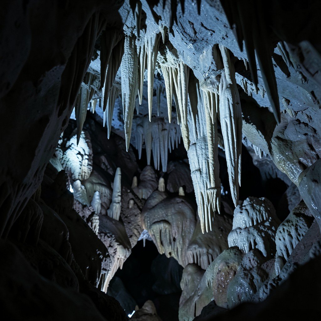Interior view of the Aggtelek cave showing detailed stalactites and stalagmites, soft cool lighting, dimly lit rocky textures, underground landscape, no text, no people, aspect ratio 1:1