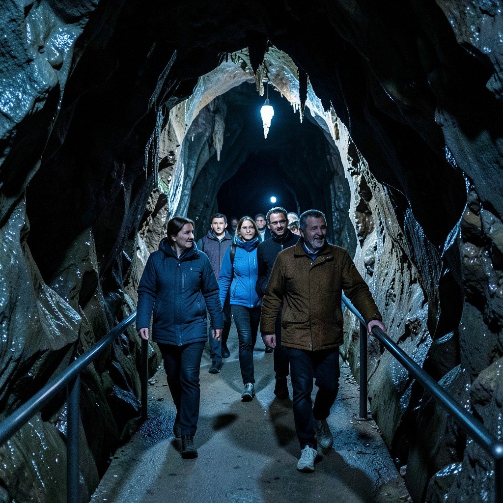 Group of adult tourists walking inside the dimly lit Aggtelek cave, wearing warm jackets, following a path with handrails, cool atmospheric lighting, aspect ratio 4:3