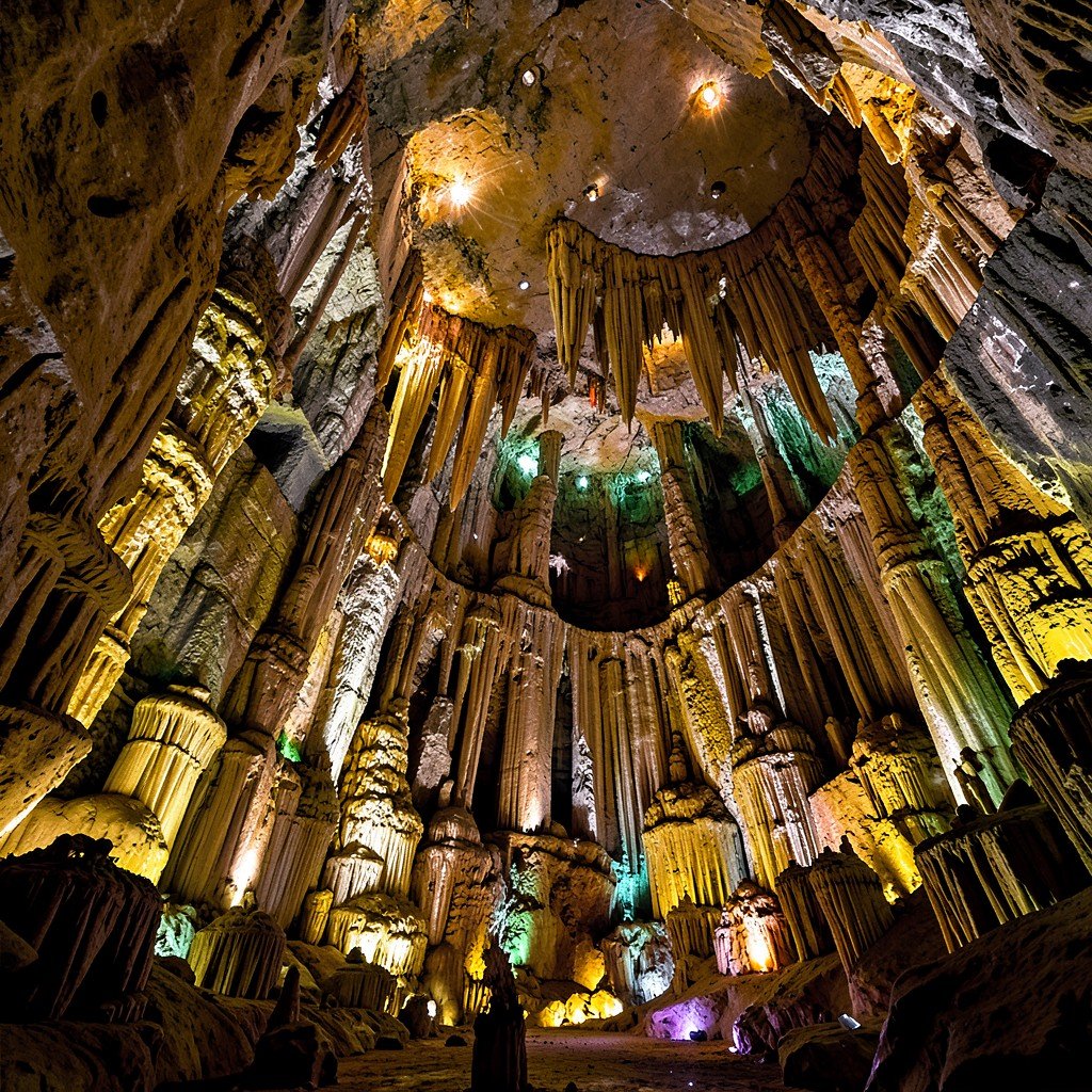 Massive underground cave hall known as the Concert Hall in Aggtelek, soaring ceilings with natural acoustics, spectacular lighting highlighting the rock formations, no people, no text, aspect ratio 4:3