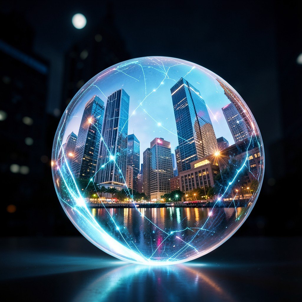 A glowing crystal sphere reflecting modern city skyscrapers and financial district, symbolizing market psychology and future outlook, dramatic lighting, no text, aspect ratio 1:1