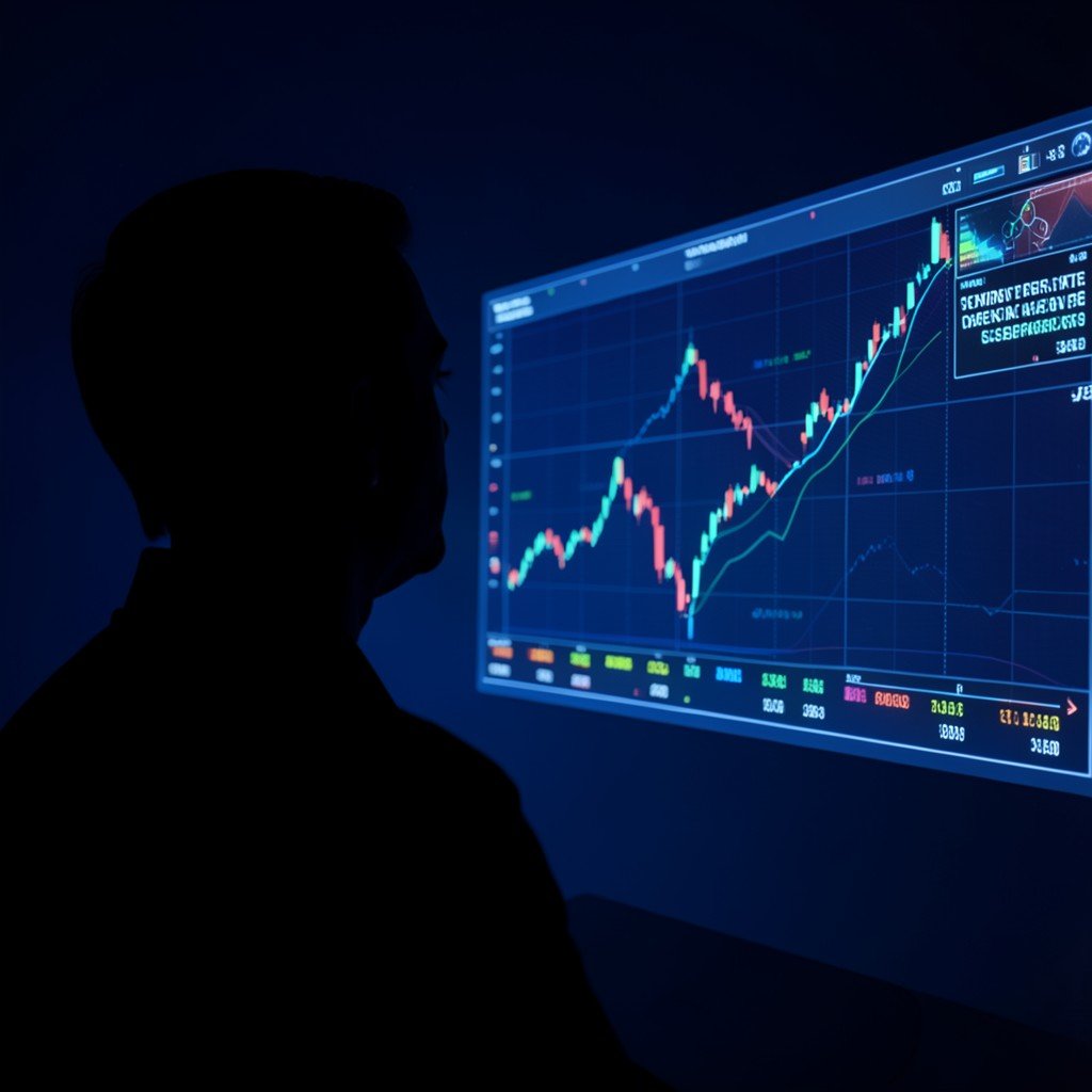 Silhouette of a person looking at a glowing digital stock market screen, representing investor decision making in semiconductor sector, dark blue tone, no text, aspect ratio 4:3