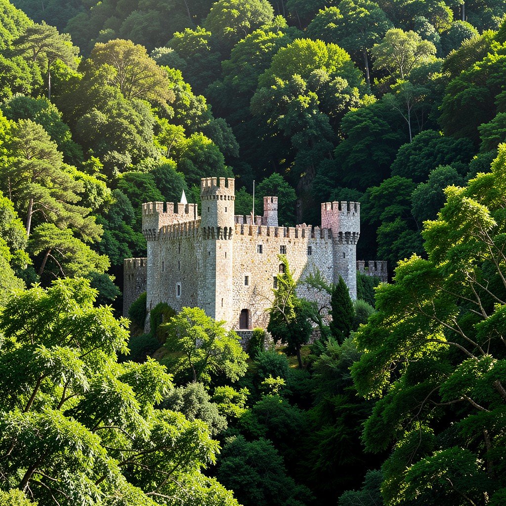 A majestic stone castle nestled deep in the dense green forests of Sintra Portugal with dappled sunlight no text aspect ratio 4:3