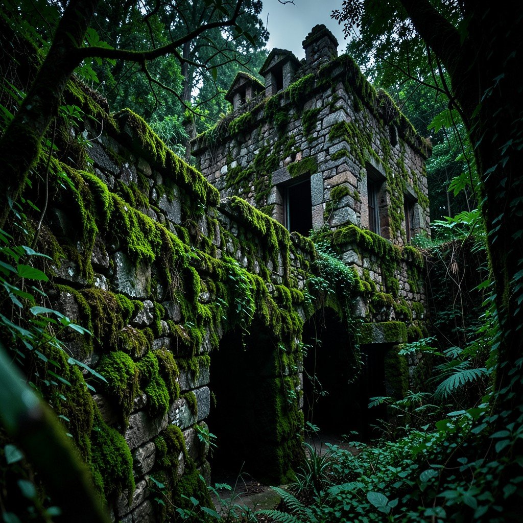 The moss covered stone walls of Quinta da Regaleira in Sintra Portugal surrounded by mysterious dark green foliage no text aspect ratio 1:1