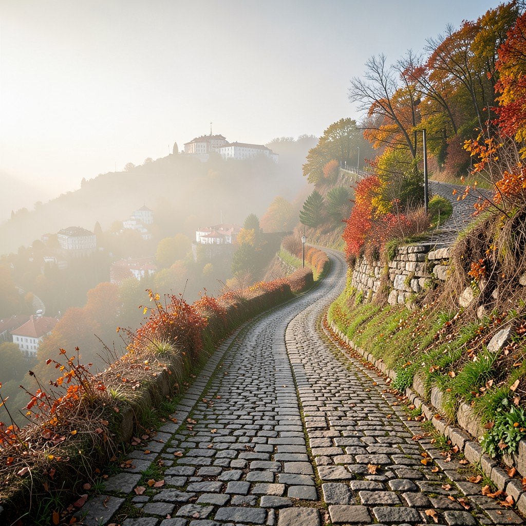 A winding cobblestone path going up a hill in Sintra Portugal covered in light autumn morning mist no text aspect ratio 16:9