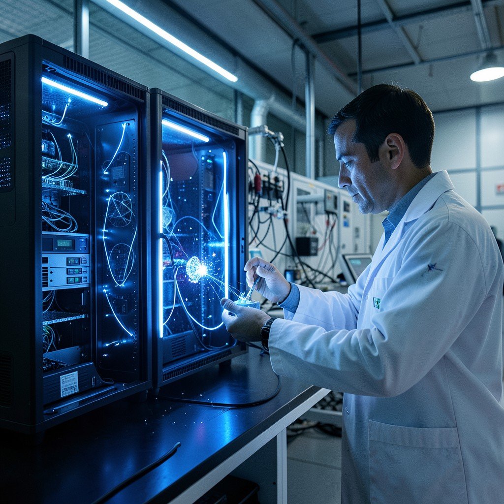 Scientist observing glowing quantum computer system with blue lights in a modern research facility, cinematic lighting, no text, 4:3 aspect ratio