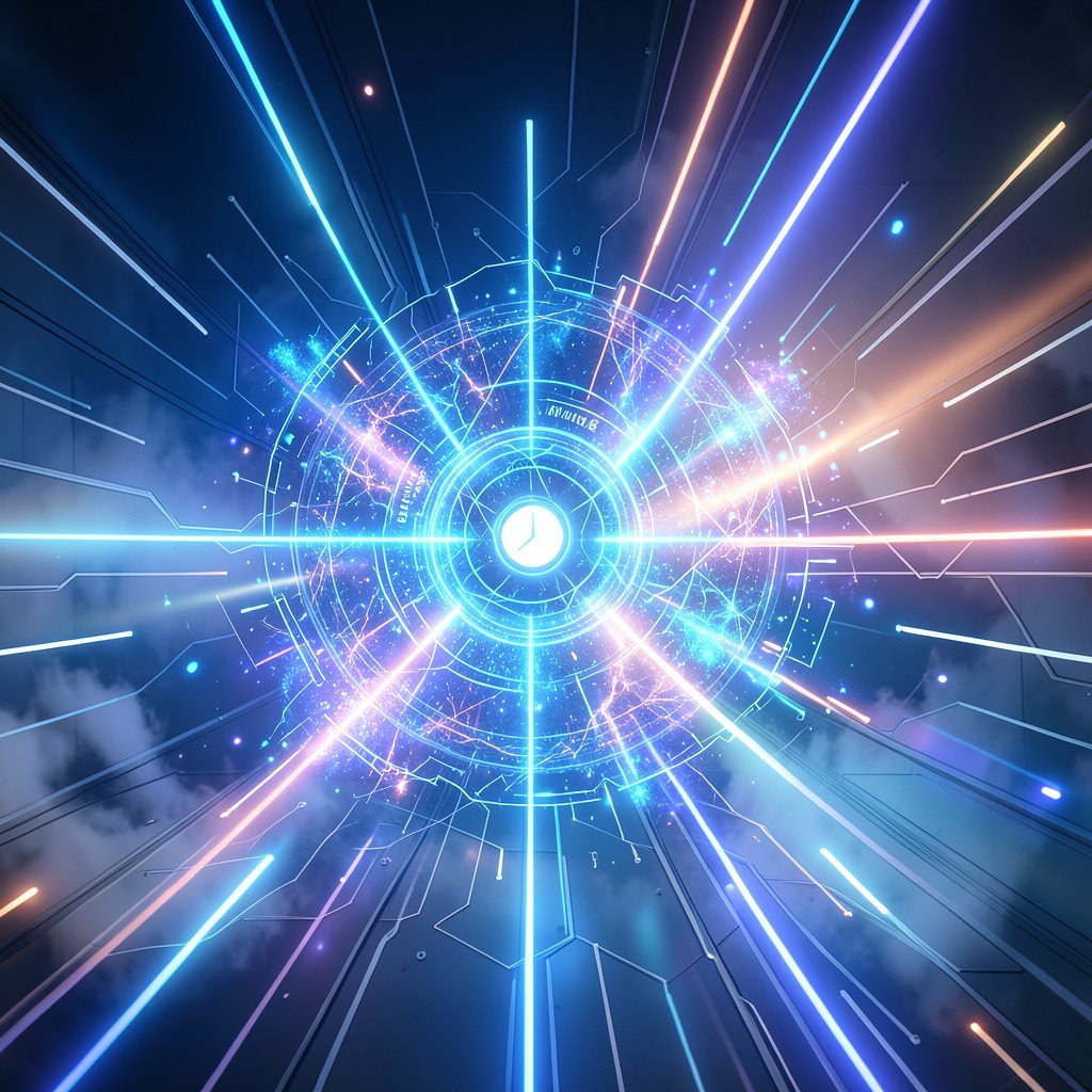 Futuristic glowing AI and quantum computing fusion concept, bright balanced lighting, abstract technological background, no text, 1:1 aspect ratio