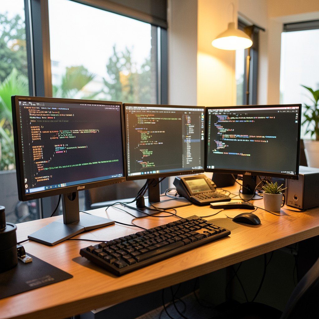 Developer desk setup with multiple monitors showing code, warm lighting, modern tech office environment, natural setting, aspect ratio 4:3