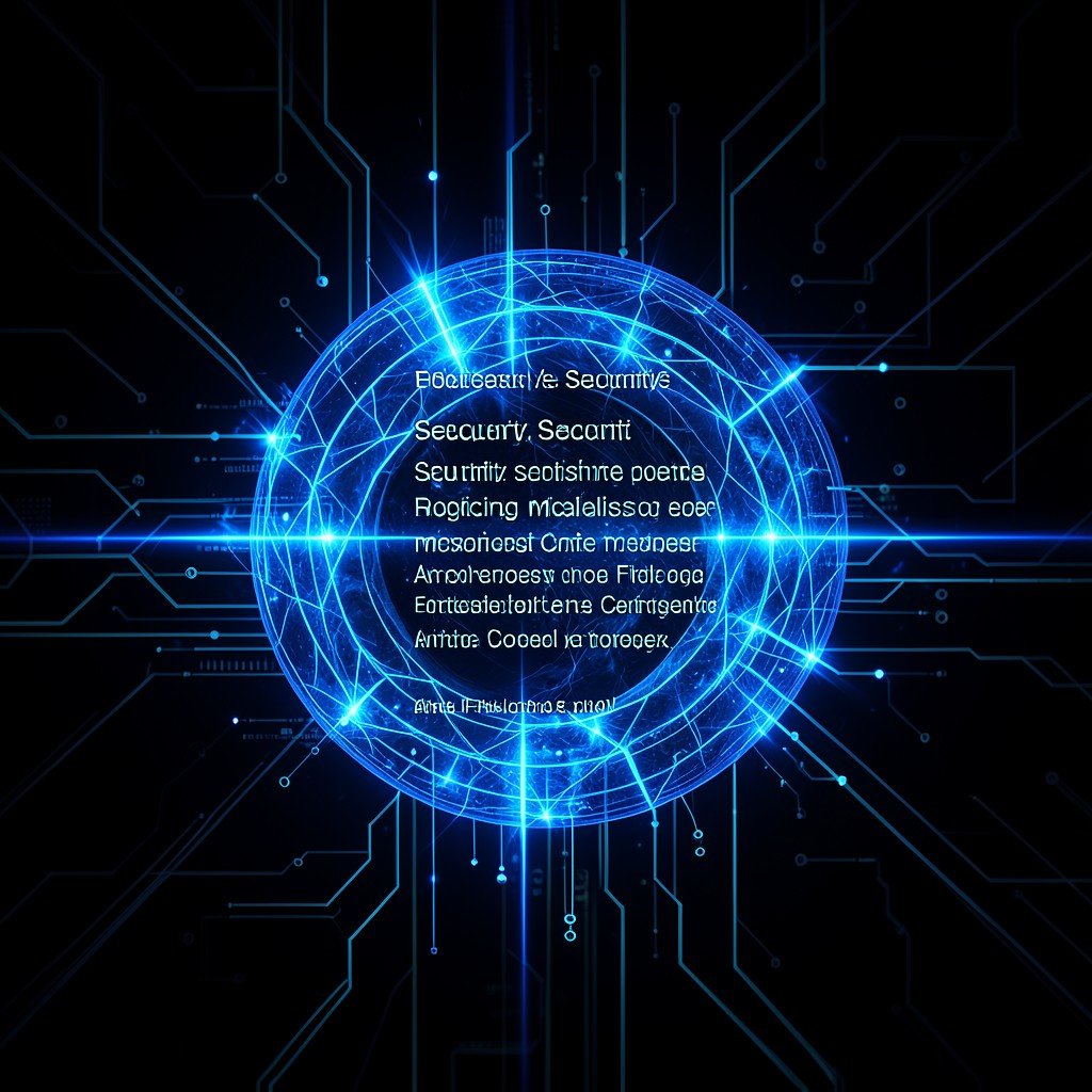 Abstract digital security system blocking malicious code, blue glowing firewall, dark tech background, high contrast, aspect ratio 1:1