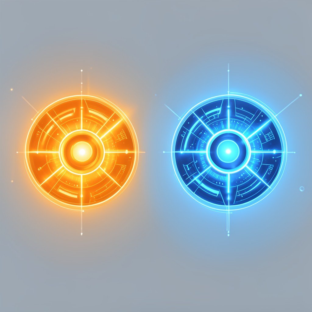 Two glowing AI cores comparison, one orange one blue, futuristic digital illustration, clean modern layout, aspect ratio 4:3