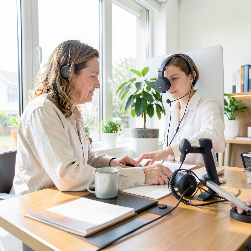 Software engineer working efficiently with AI assistant, bright modern workspace, natural lighting, lifestyle photography, aspect ratio 4:3