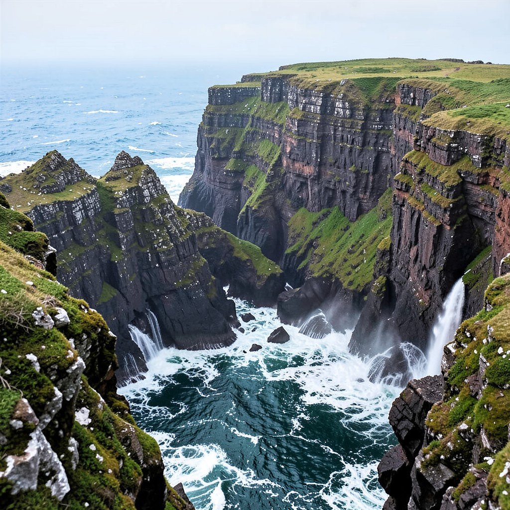Rugged towering sea cliffs of Inaccessible Island hitting by strong ocean waves harsh untouched nature no text aspect ratio 1:1
