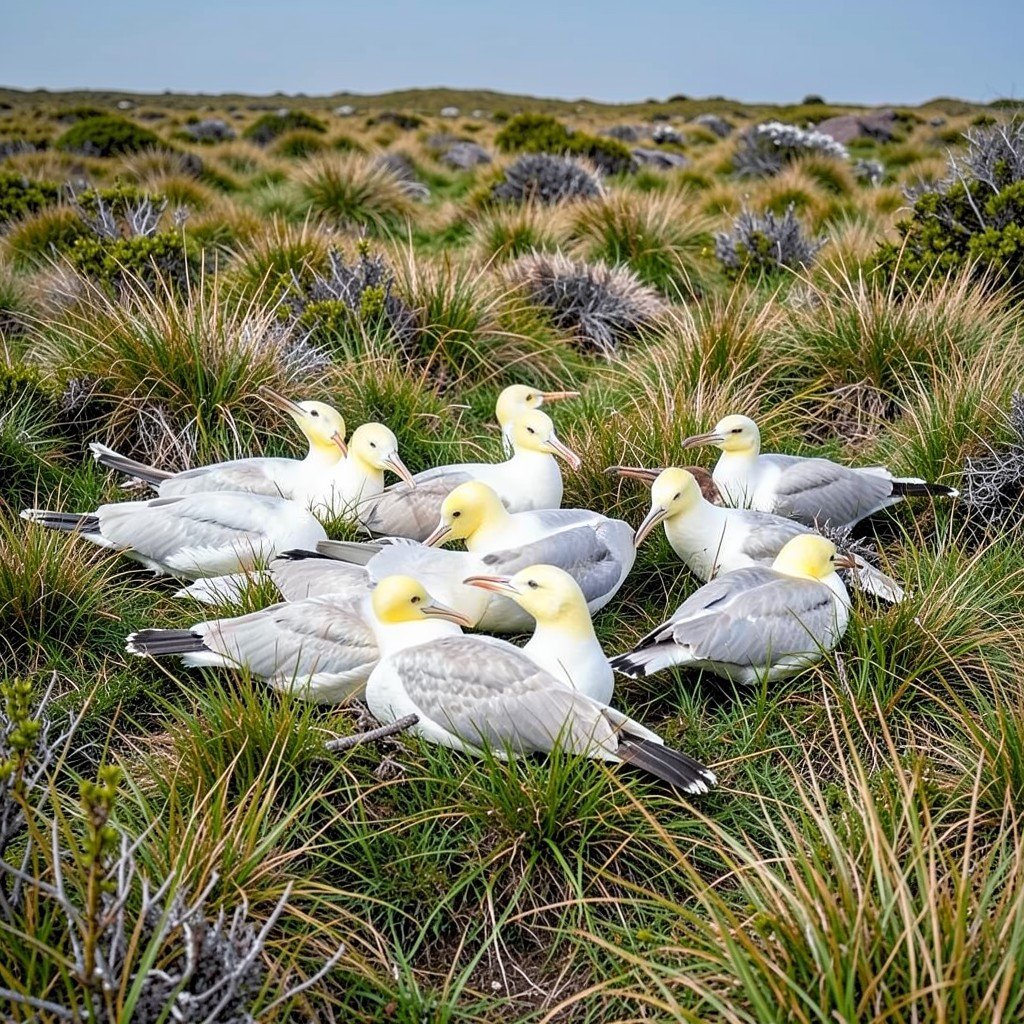 A flock of rare yellow-nosed albatross birds nesting on the dense grass of Gough Island natural wildlife untouched habitat no text aspect ratio 1:1
