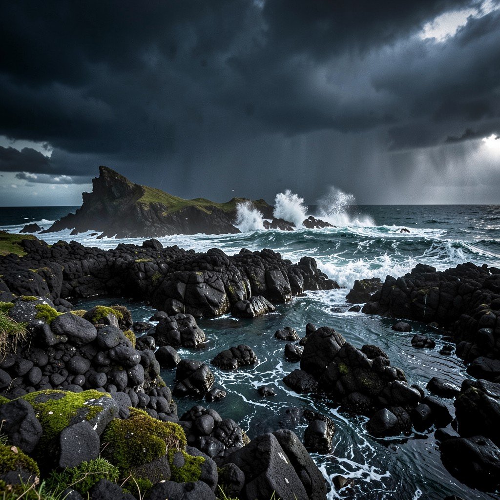 Dramatic stormy weather over the ocean hitting the dark volcanic rocks of Gough Island wild and untamed nature survival no text aspect ratio 1:1