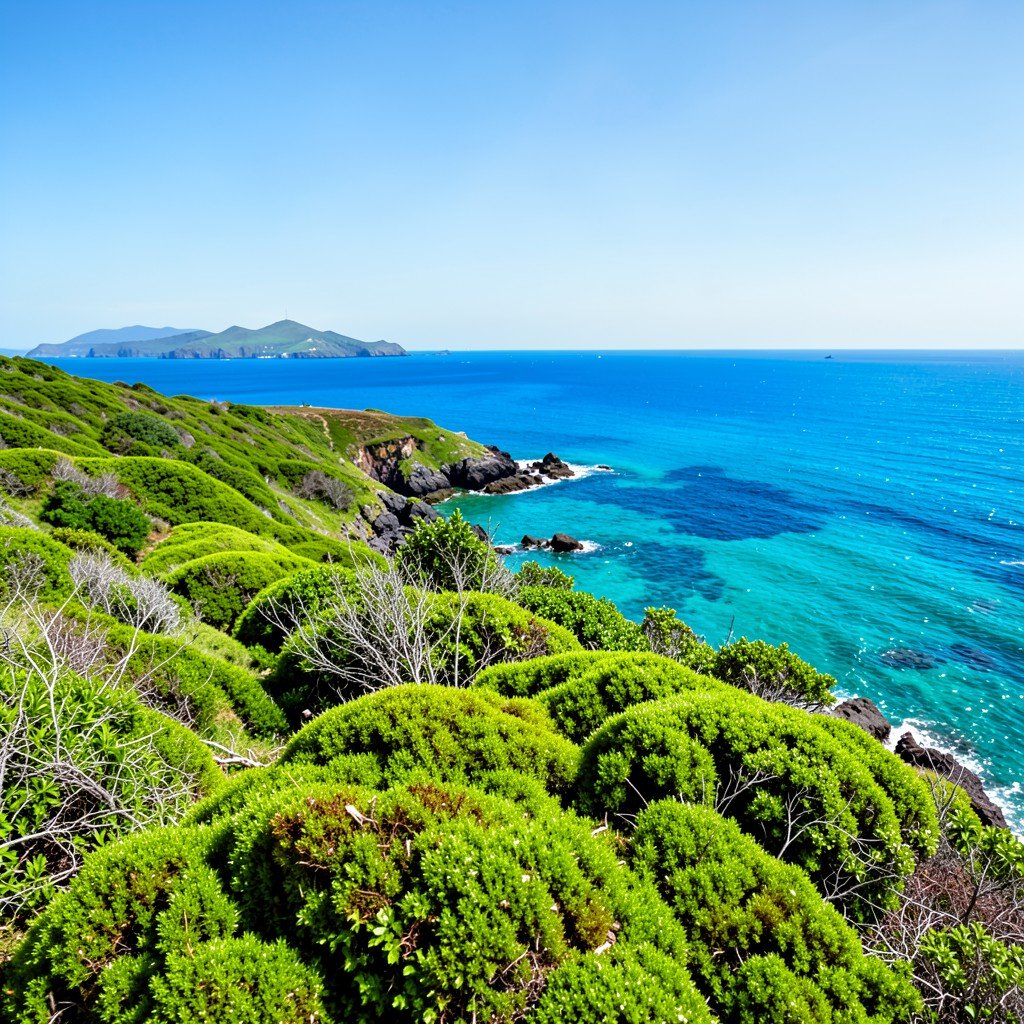 Pristine nature of Gough Island recovering against all odds vibrant green moss and clear blue ocean view hope for conservation no text aspect ratio 1:1