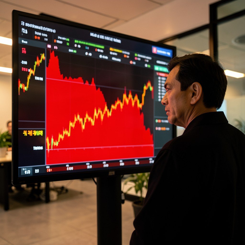 A person looking at a stock market board showing a huge red surge modern office background warm lighting serious expression no Korean text aspect ratio 4:3