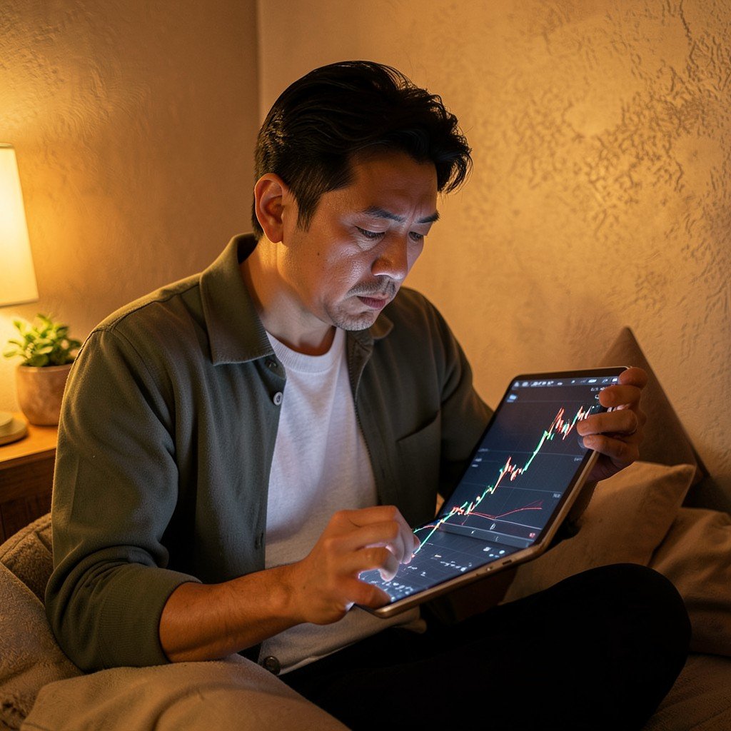 A concerned man analyzing a declining stock chart on a tablet cozy room setting warm lighting textured background no Korean text aspect ratio 1:1