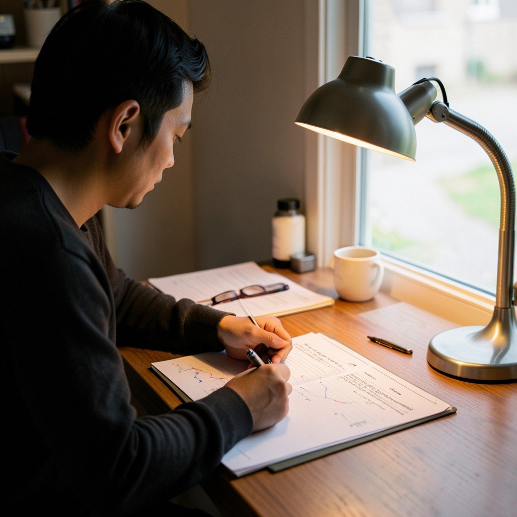 A person writing notes while analyzing financial documents on a desk warm desk lamp natural setting focused atmosphere no Korean text aspect ratio 4:3