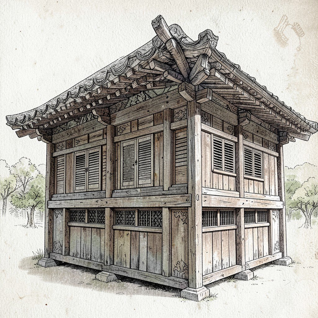 Ancient wooden storage building Janggyeong Panjeon at Haeinsa Temple varying window sizes for natural ventilation textured background no text historical illustration 4:3