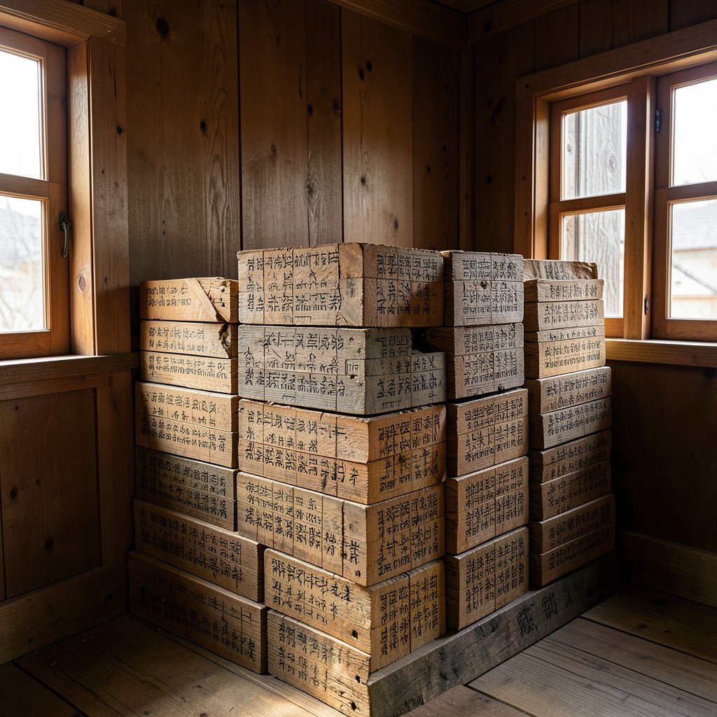 Stack of ancient Tripitaka Koreana woodblocks neatly stored inside the depository detailed wood texture soft natural light filtering through wooden windows no text 1:1