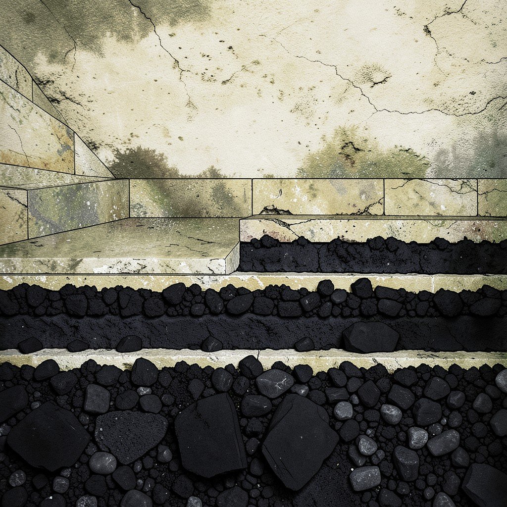 Cross-section illustration of ancient Janggyeong Panjeon floor showing layers of charcoal salt and lime underground natural moisture control textured background historical style 4:3