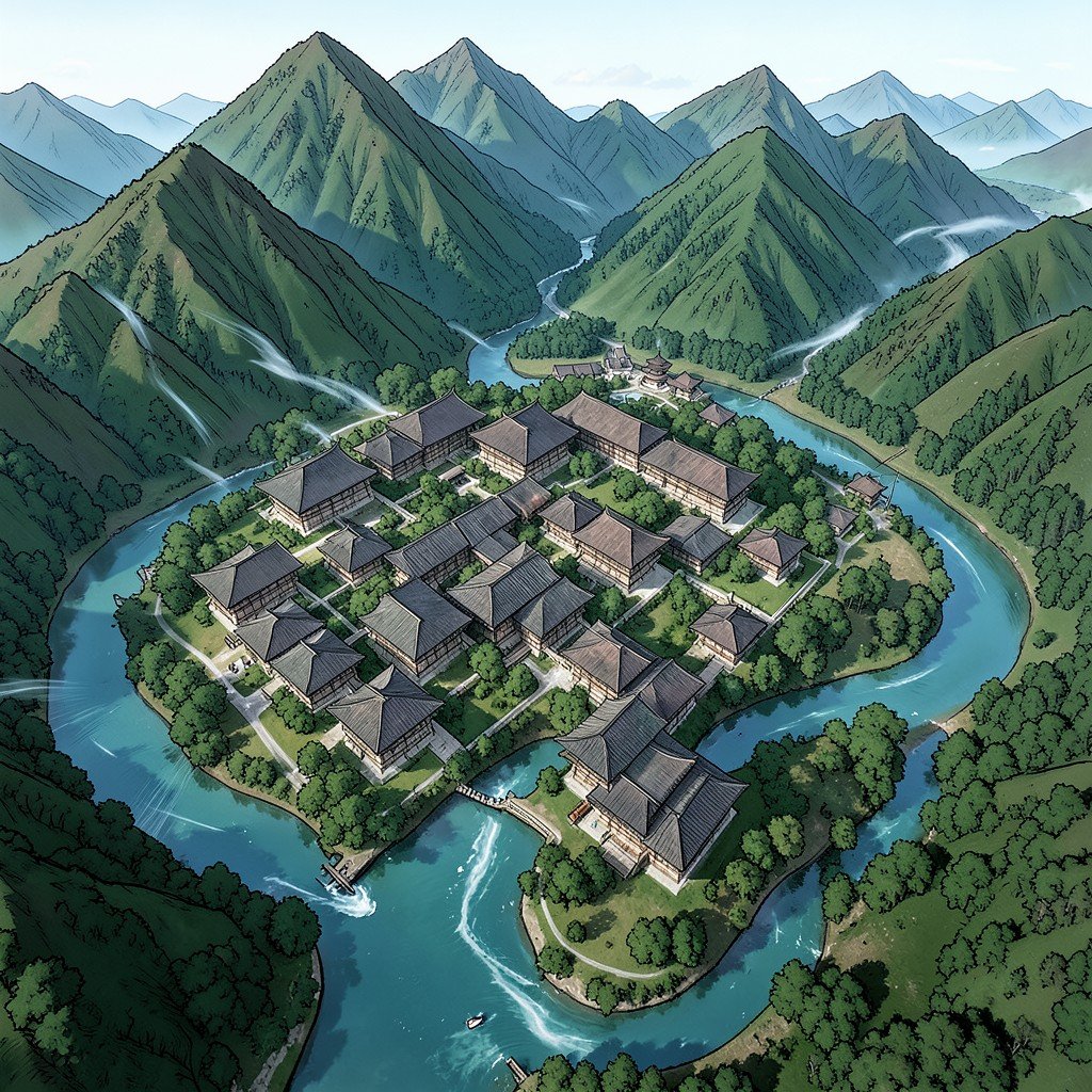 Aerial illustration of Haeinsa Temple layout against the Gayasan mountain terrain wind flow and river protecting the site rich natural landscape no text 1:1