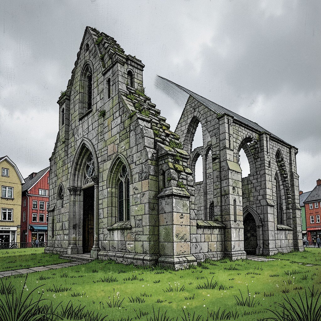 Ruins of a medieval stone church in Visby Sweden with green grass around it overcast sky historical illustration style aspect ratio 1:1