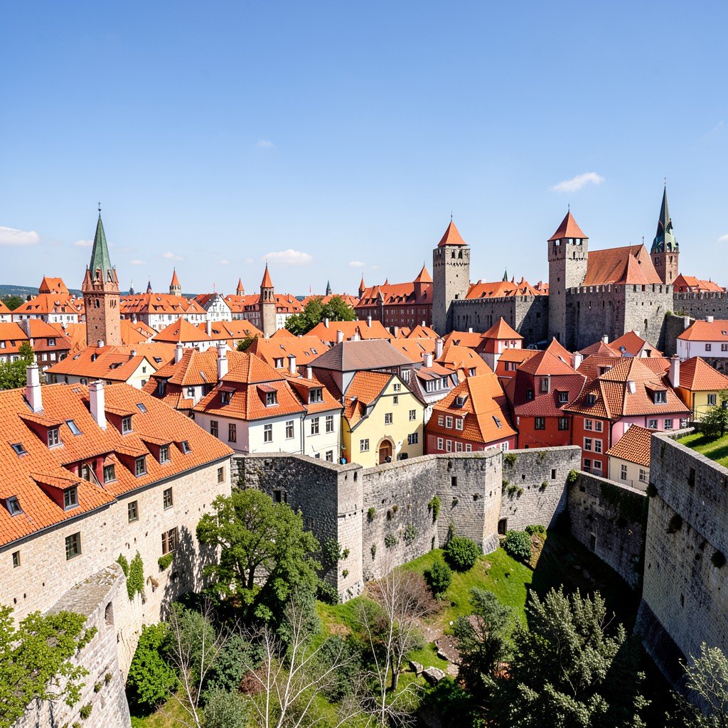 Panoramic view of Visby Sweden red roofed medieval houses and ancient city wall on a sunny day no text aspect ratio 1:1