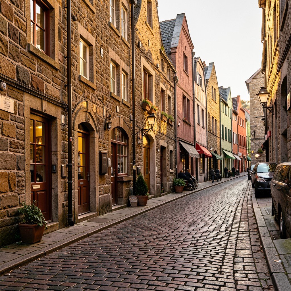 Cobblestone street in Visby Sweden lined with medieval merchant houses made of stone warm afternoon lighting lifestyle photography aspect ratio 1:1
